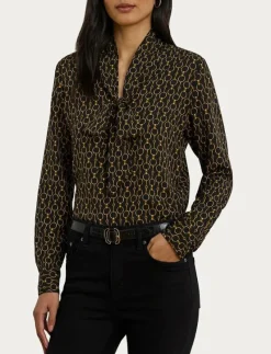 Chain-Print Crepe Tie-Neck Blouse - Långärmade