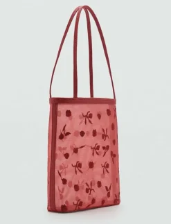 Flower-embroidered mesh bag - Totes