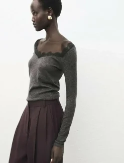 Lace-trimmed scoop-neck top - Långärmade toppar