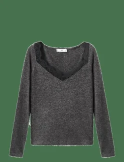 Lace-trimmed scoop-neck top - Långärmade toppar