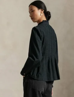 Pintucked Plaid Cotton Shirt - Långärmade