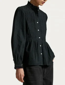 Pintucked Plaid Cotton Shirt - Långärmade