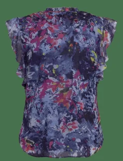 Print Ruffle-Trim Georgette Blouse - Ärmlösa blusar