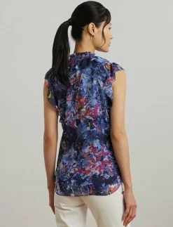 Print Ruffle-Trim Georgette Blouse - Ärmlösa blusar