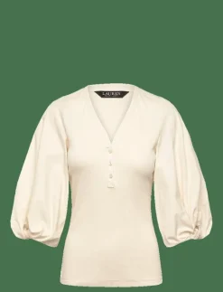 Rib-Knit Balloon-Sleeve Henley Top - T-shirts