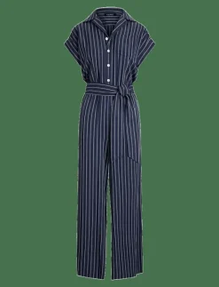 Striped Belted Twill Wide-Leg Jumpsuit - Jumpsuits