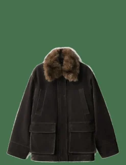 Velvet finish parka with faux-fur collar - Parkasjackor